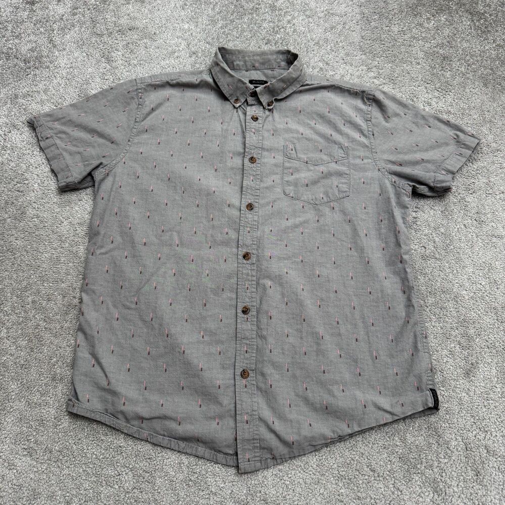 PrAna Slim Fit Button Down Shirt Mens L Gray 100% Organic Cotton Short Sleeve